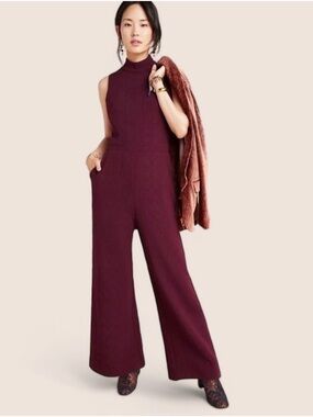 Anthropologie Sleeveless Mock-Neck Wide-Leg Jumpsuit in Burgundy